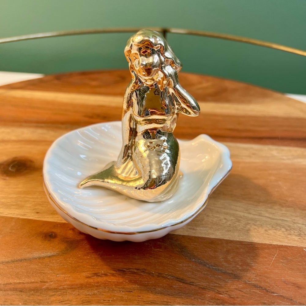 Mermaid in shell jewelry trinket dish or catch all gold and ivory ceramic